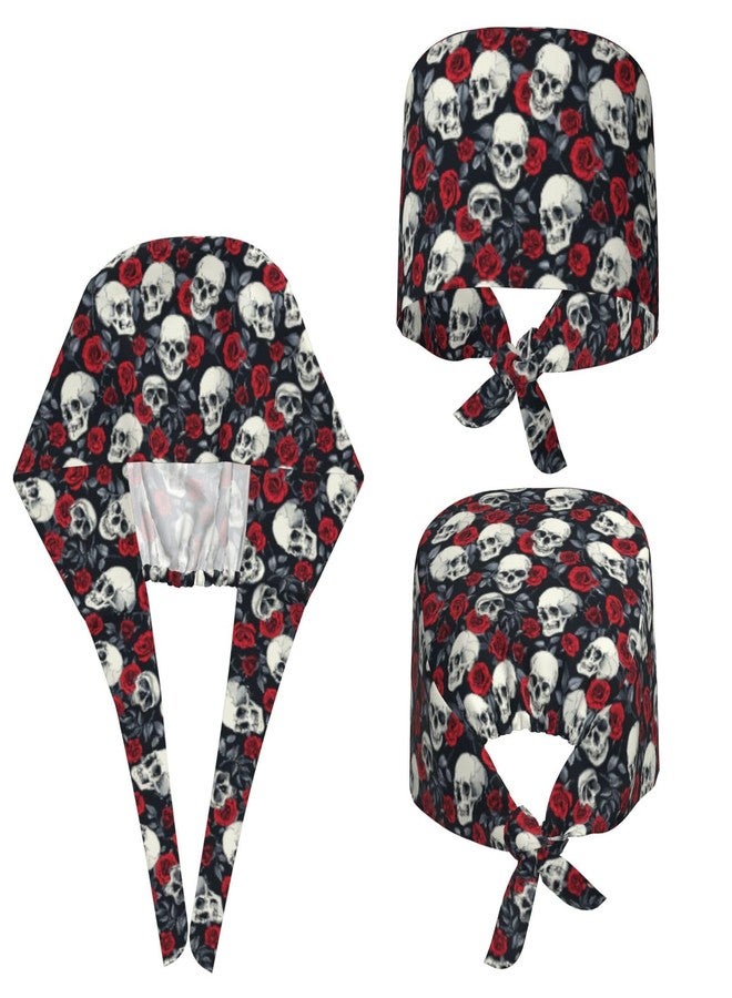 KKRMTUG Halloween Scrub Caps for Women Men, Skulls and Roses Working Cap with Sweatband Adjustable Scrub Hats, Fashion Breathable Nurse Surgical Cap - Image 2